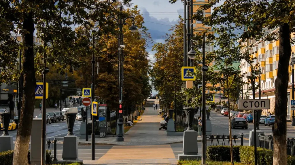 Koku ieskauta ietve ar ielu apgaismojumu un ēkām pilsētas parkā vai apkaimē.